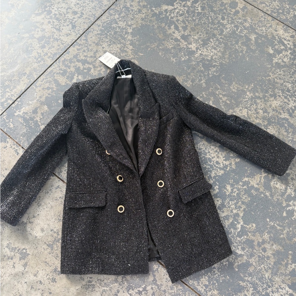 Zara Black Double-Breasted Sparkle Blazer Jacket - Picture 2 of 4